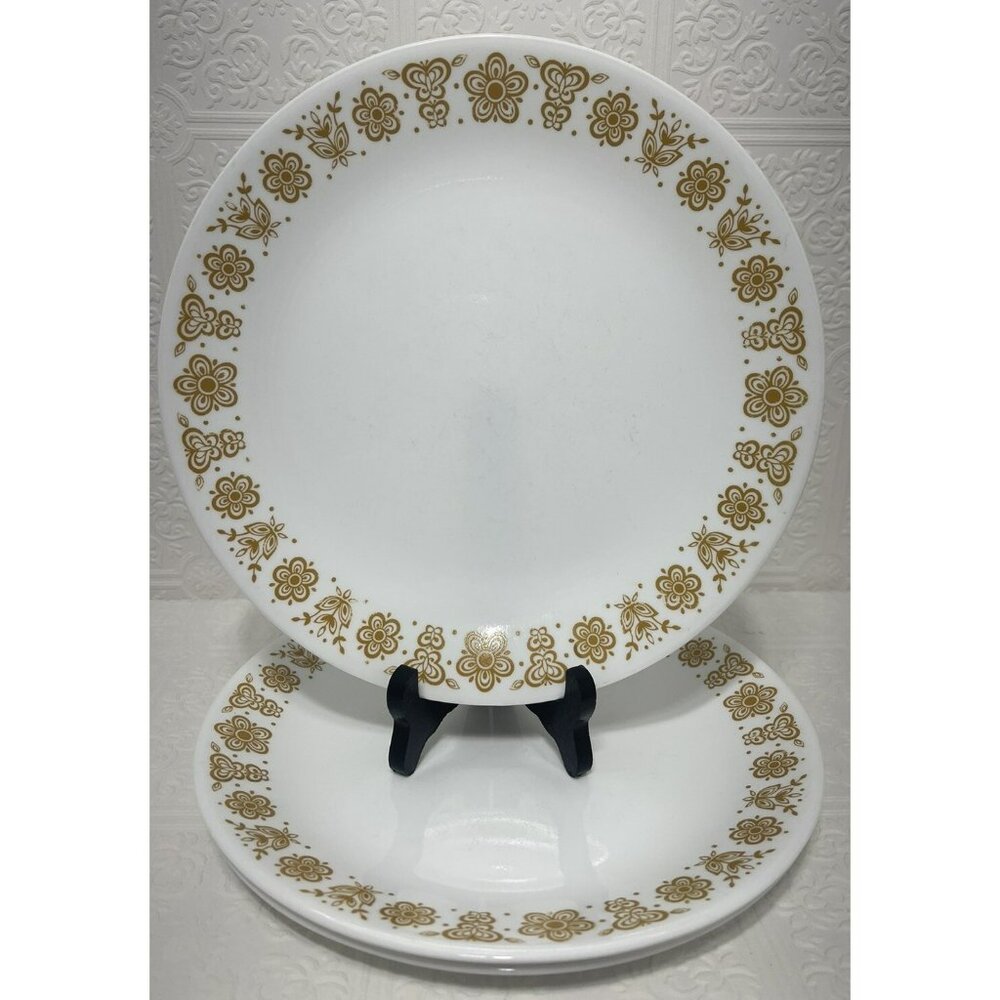 CORELLE BUTTERFLY GOLD SET OF 3 DINNER PLATES VINTAGE 1970s Pieces